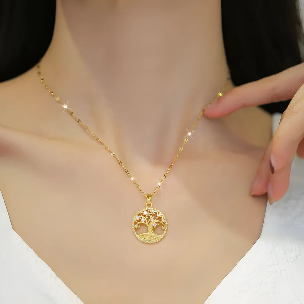 Gold plated necklace with mother pearl pendant and rhinestone lucky tree pattern on stainless steel chain