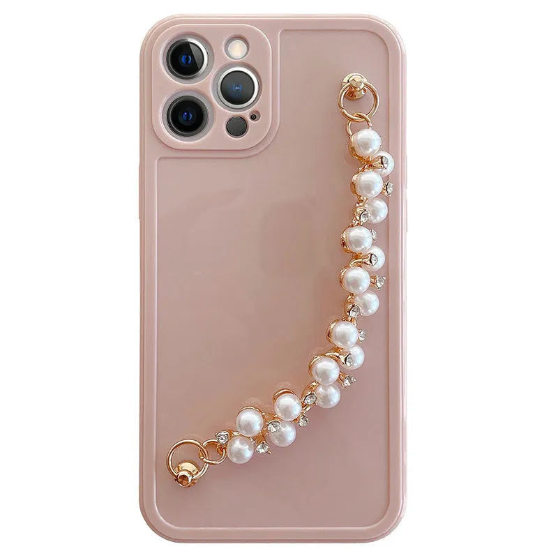 Silicone phone case with rhinestone pearl bracelet for iPhone Pro Max in pink and white options