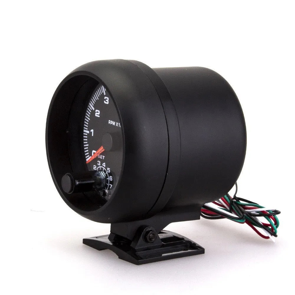 Black automotive tachometer with blue light pointer for 0-8000 RPM engine speed monitoring