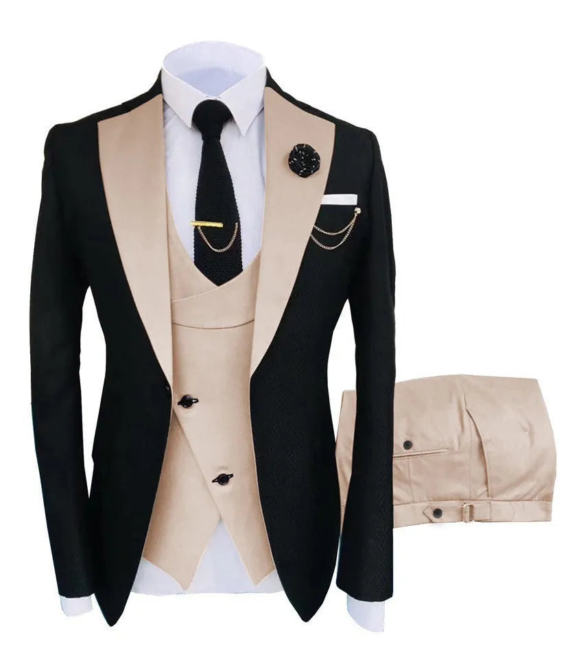Men's black slim fit three-piece suit with vest and trousers on a hanger for formal weddings