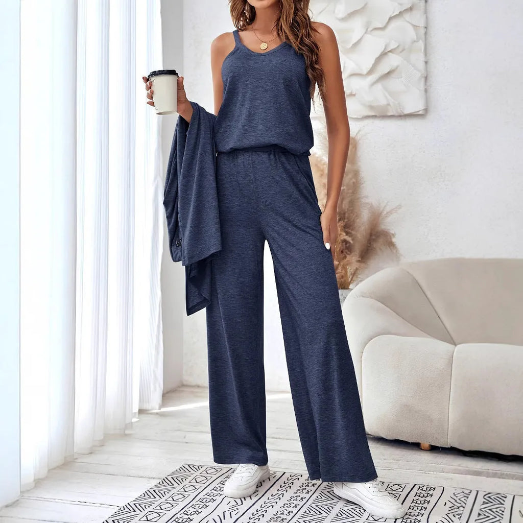 Blue women's three-piece casual suit with trousers, long cardigan and detachable suspenders in Japanese Korean style