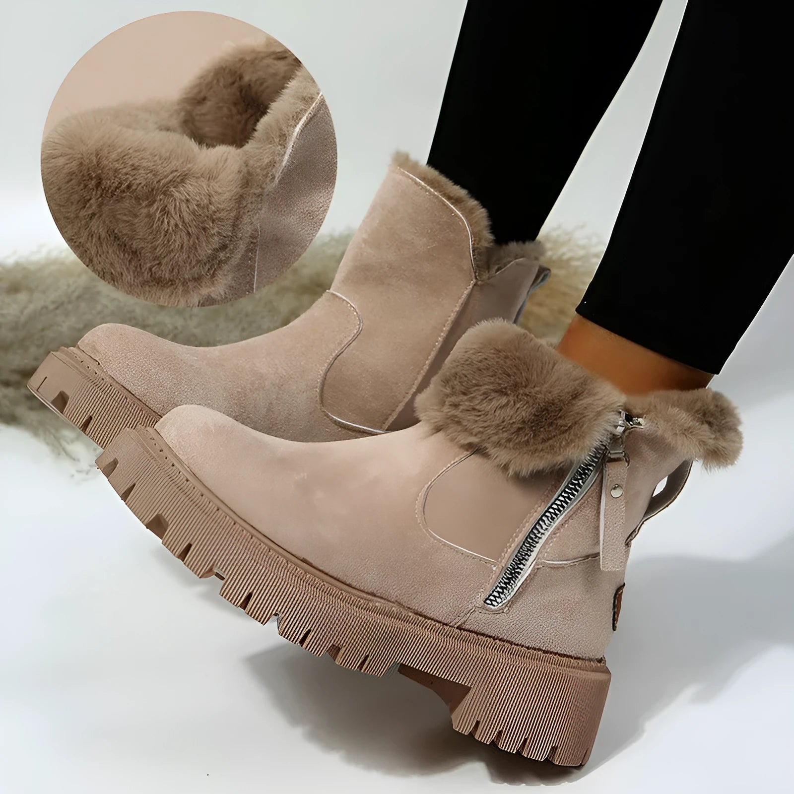 Women's black thick plush snow boots with side zipper and high top design.
