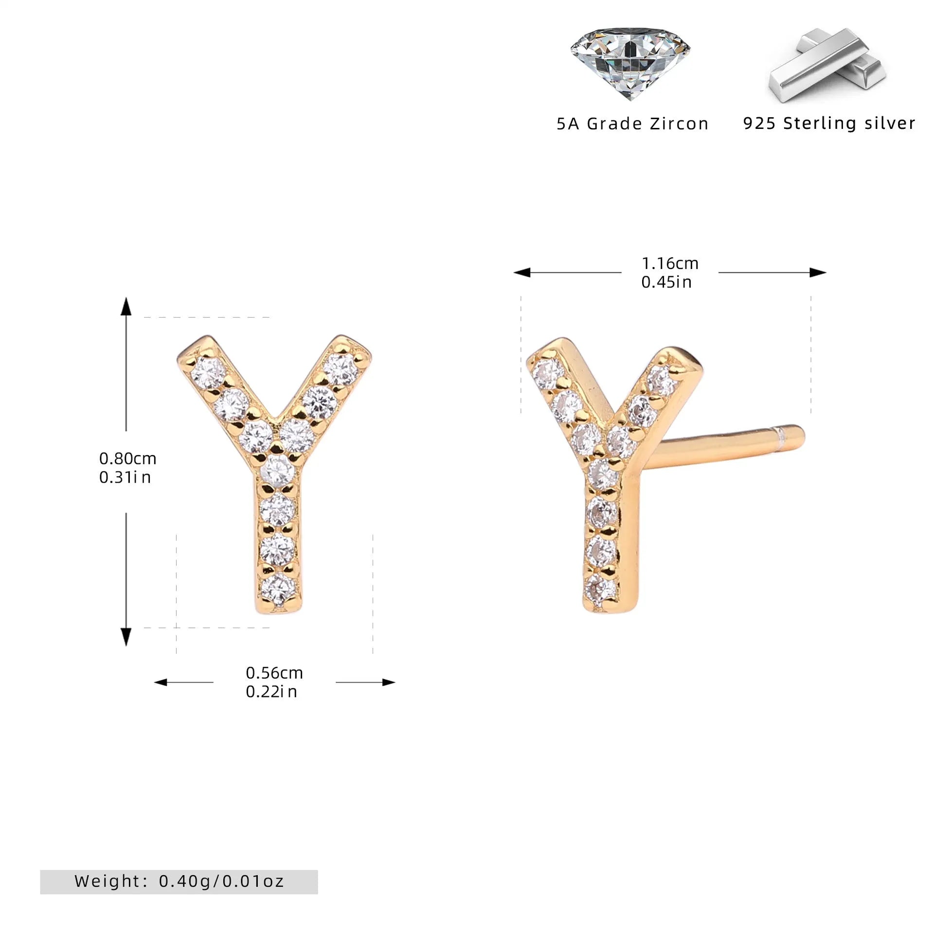 925 silver letter ear stud with electroplated gold finish, alphabet motif