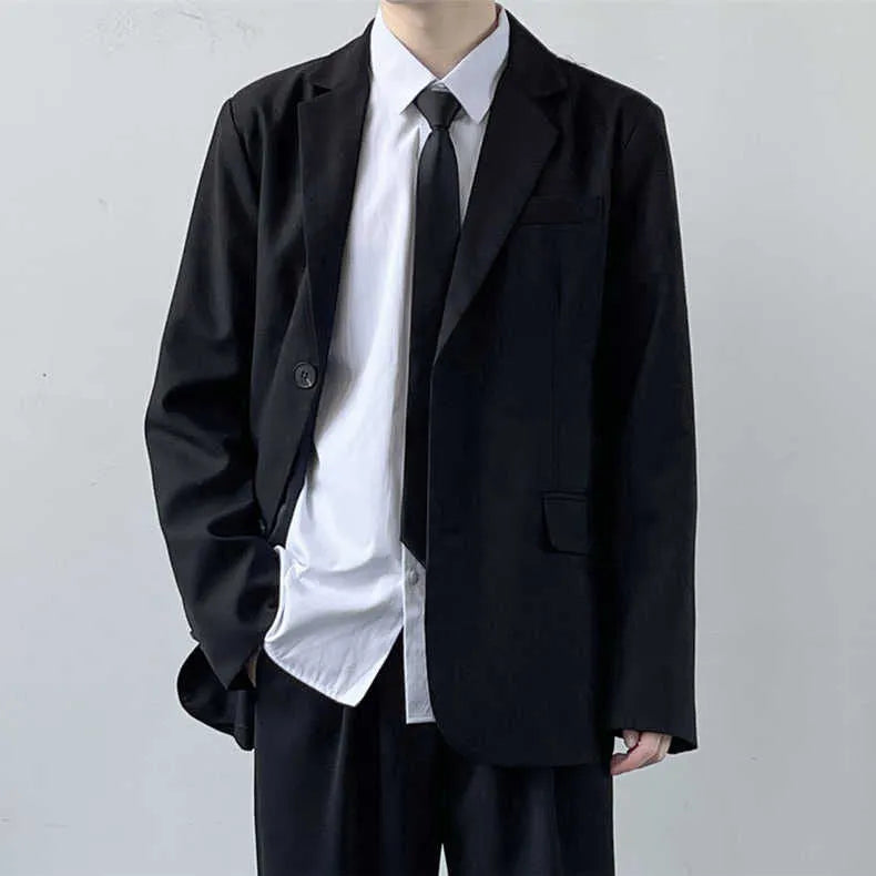 Men's plus size college style suit jacket set with matching trousers, white shirt and tie