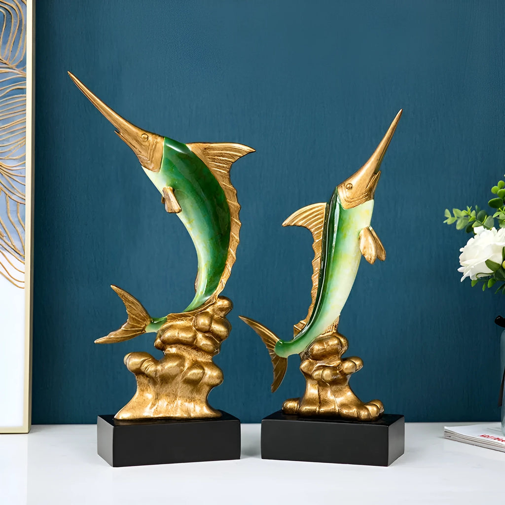 European style swordfish resin plastic decoration in ocean green, lake blue, coral red, or bright gold colour options