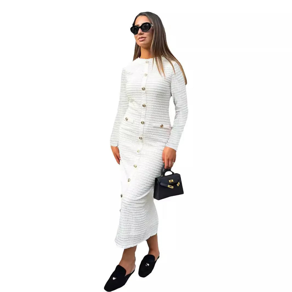 French retro slim fit long sleeve knitted pullover dress with button detail