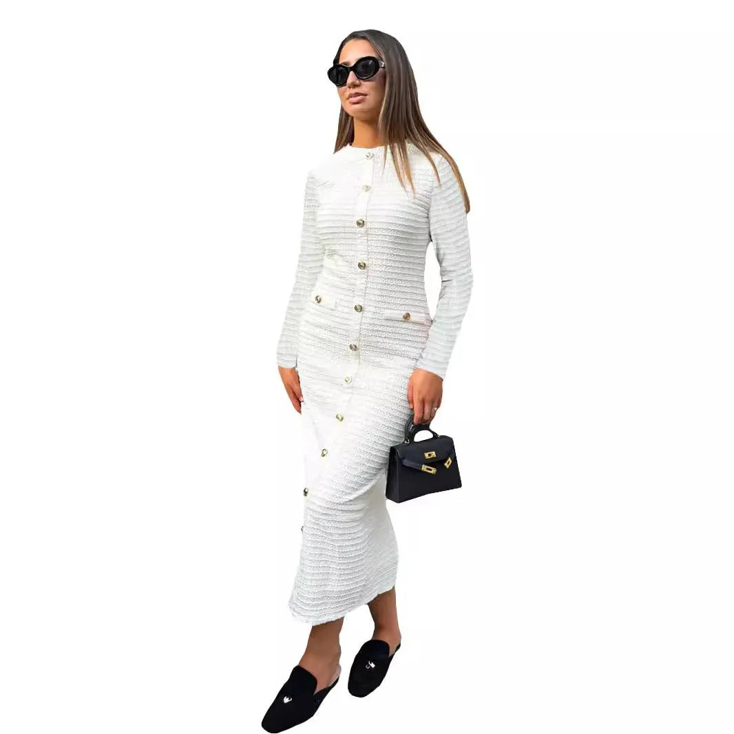 French retro slim fit long sleeve knitted pullover dress with button detail