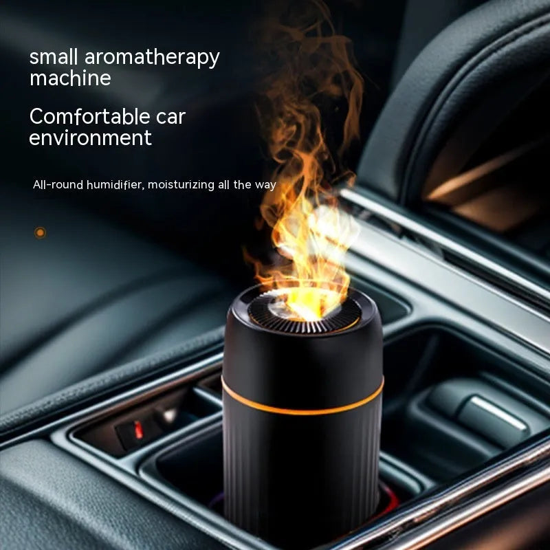 Car flame simulation aroma diffuser showing black and white colour options with 100mL capacity display