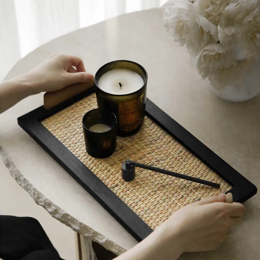 Pine wood serving tray with compartments for cups and snacks, shown in small and large size options.