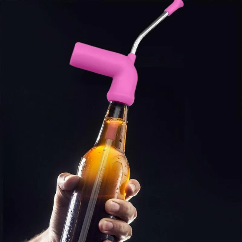 Beer snorkel straw in rose red, blue, and yellow for fast bottle drinking