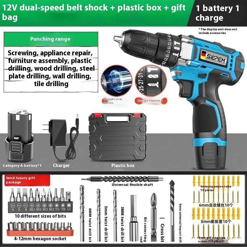 12V pistol grip cordless impact drill and screwdriver set with plastic storage case on a workbench.
