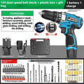 12V pistol grip cordless impact drill and screwdriver set with plastic storage case on a workbench.