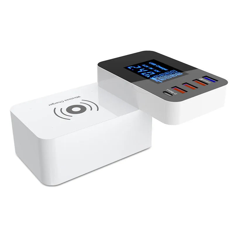 White multi USB and wireless fast charger with UK plug and international travel adaptors