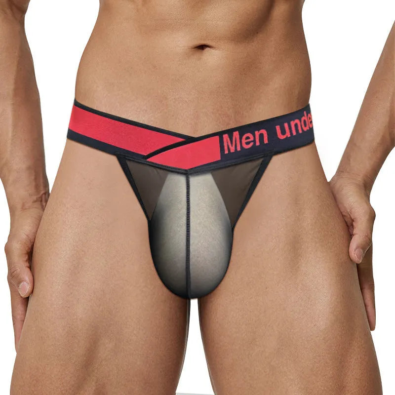 Men's transparent ice silk briefs in black colour showing large V gradient and high fork design