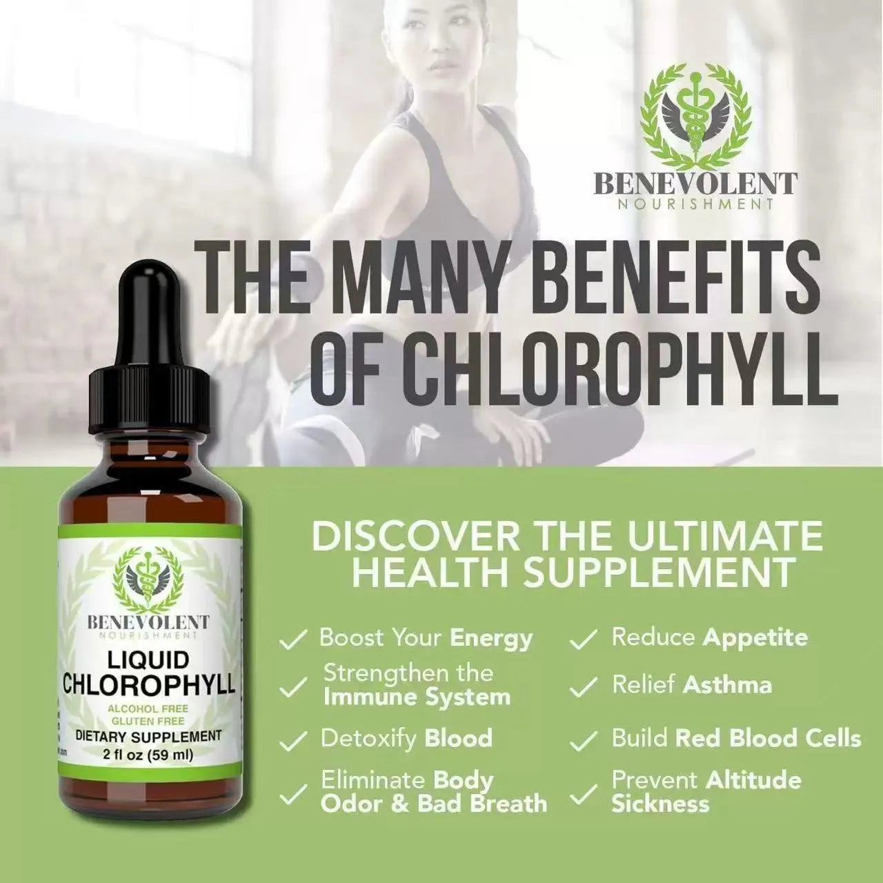 60ml bottle of natural liquid chlorophyll drops for adult body odour and intestinal care support