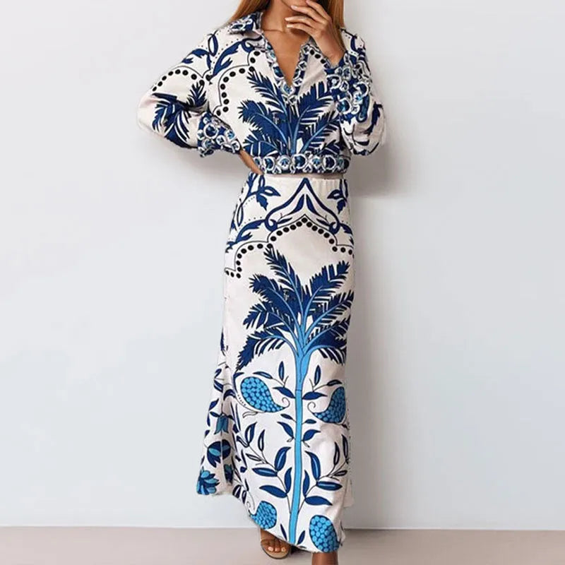 Casual fashion set with long sleeve top and long skirt in picture colour