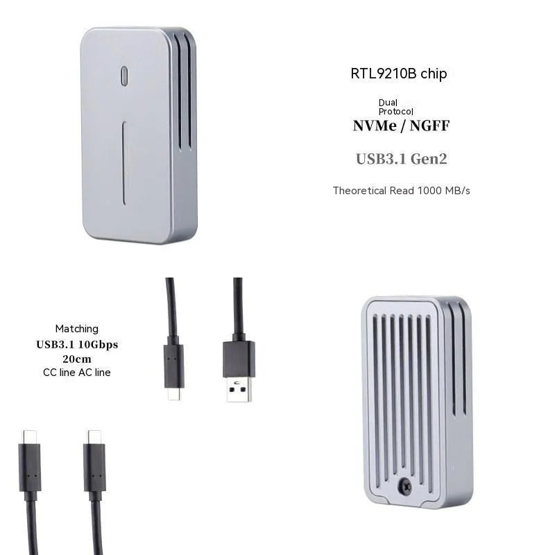Silver aluminium alloy M.2 SSD enclosure measuring 5.2cm with dual protocol support