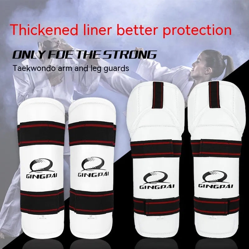 Taekwondo protective gear set showing arm guards, elbow arm guards, and leg protectors in PU EVA foam.