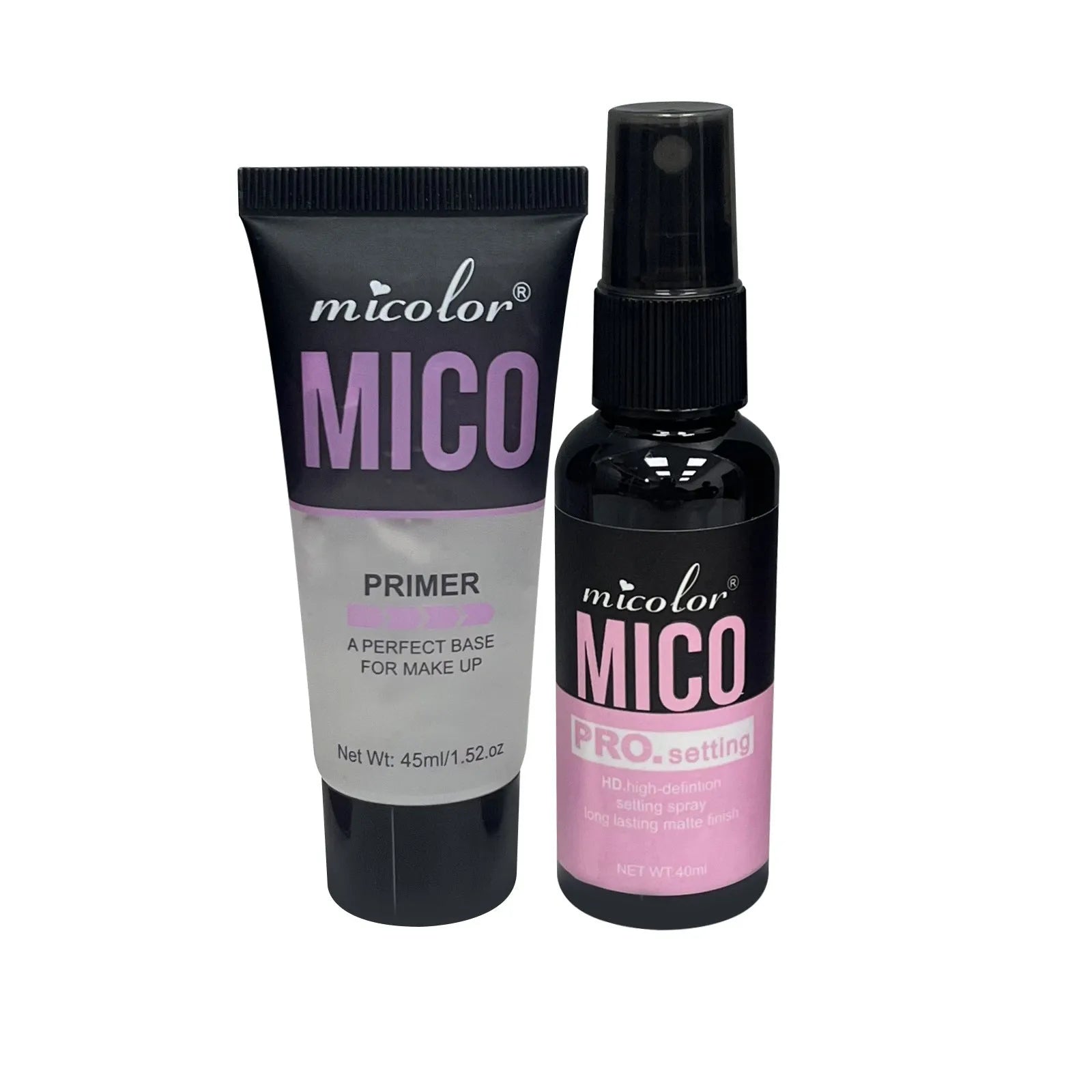 Makeup primer and setting spray two-in-one kit with 45ml and 40ml bottles.