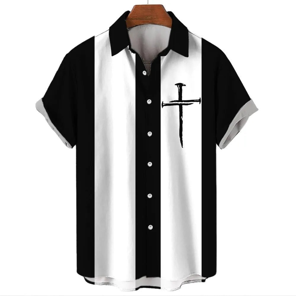 Men's striped Hawaiian casual shirt with button front and short sleeves in elastic band fabric
