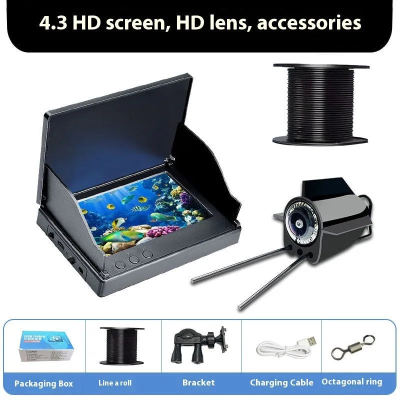 Underwater fishing camera system with 4.3-inch screen, wide angle lens, and LED night vision lights for boat and ice fishing