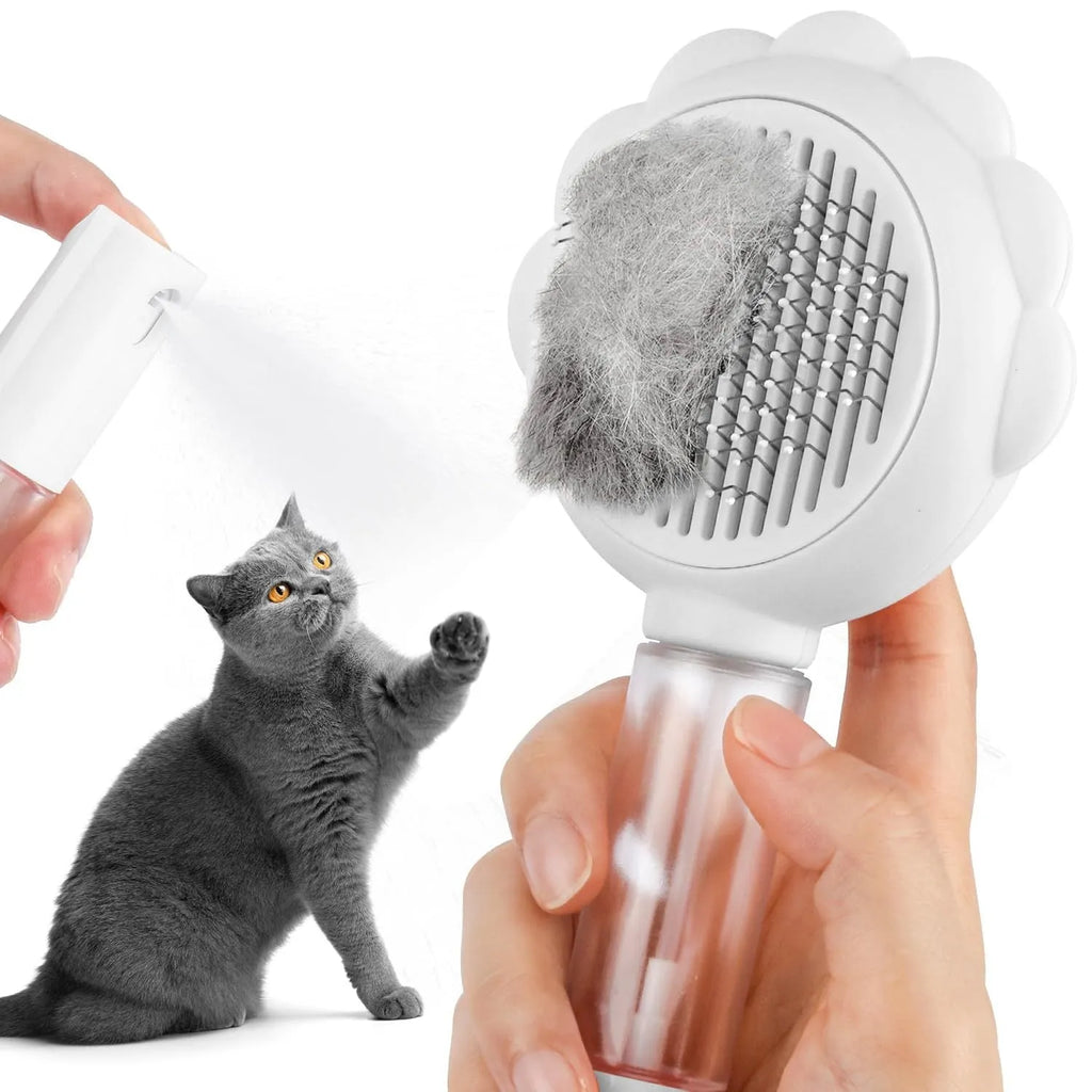 Grey spray cat brush with self-cleaning button and water spray function for pet grooming