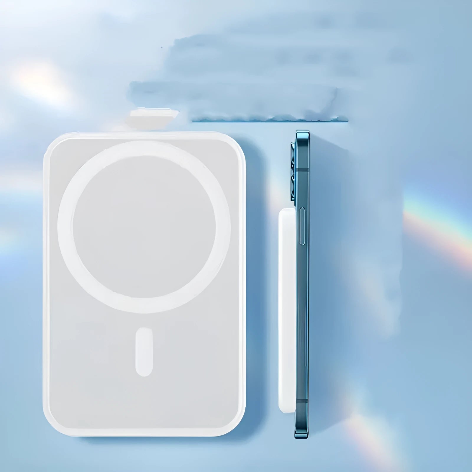 White PVC magnetic wireless charger power bank showing 5000mAh capacity and compact design