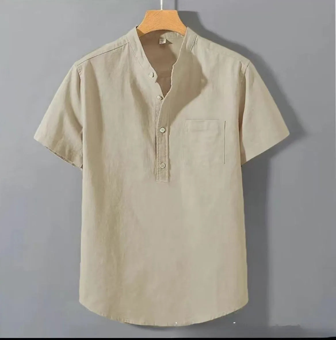 Men's casual stand collar short sleeve linen shirt in solid colour