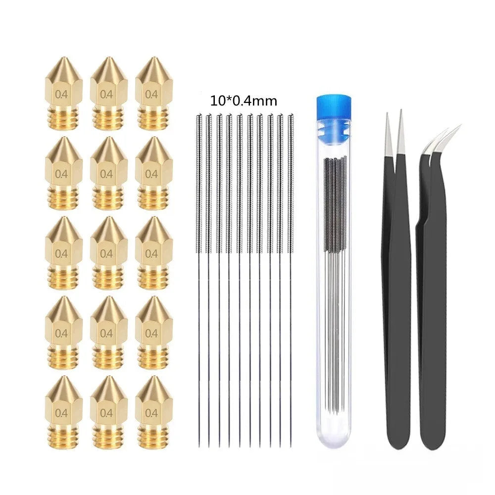 MK8 brass 3D printer nozzle with 0.4mm aperture and stainless steel cleaning pin on white background
