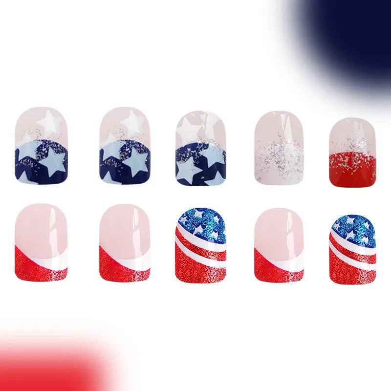 Red, white, and blue false nail set with large American star pattern, square shape.