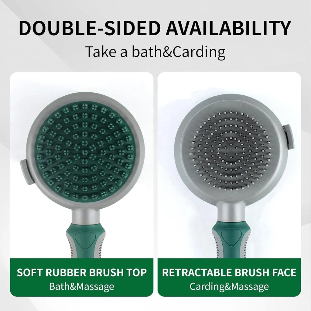 Two-sided pet grooming brush showing slicker brush side and silicone massage side in green colour