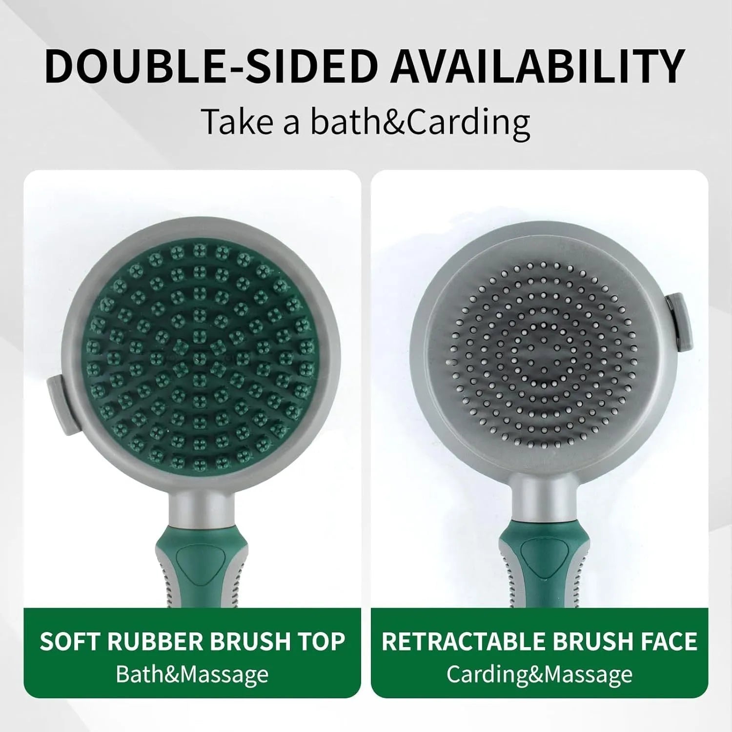 Two-sided pet grooming brush showing slicker brush side and silicone massage side in green colour