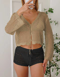 Women's hollow woven cardigan blouse with bell sleeves in apricot colour showing short 40cm length