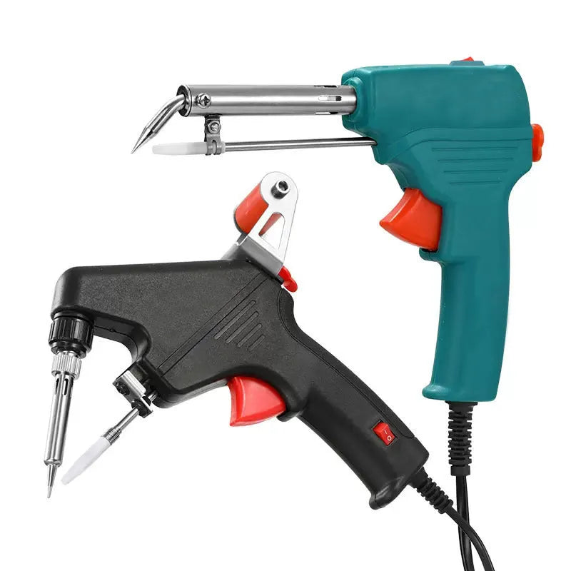 External heating handheld soldering gun with black plastic handle, stand, and accessories on workbench