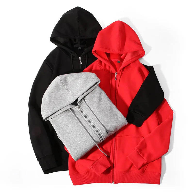 Men's beige heavyweight zip-front hooded cardigan sweater on a hanger.