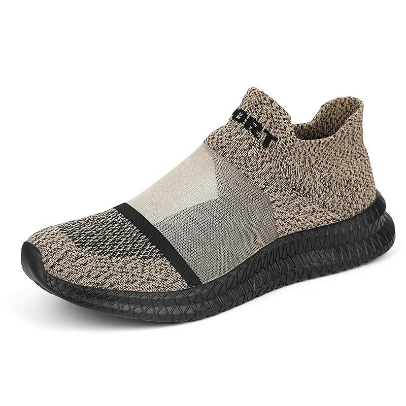 Breathable flyknit sports sock shoes in khaki colour with lace closure and MD sole