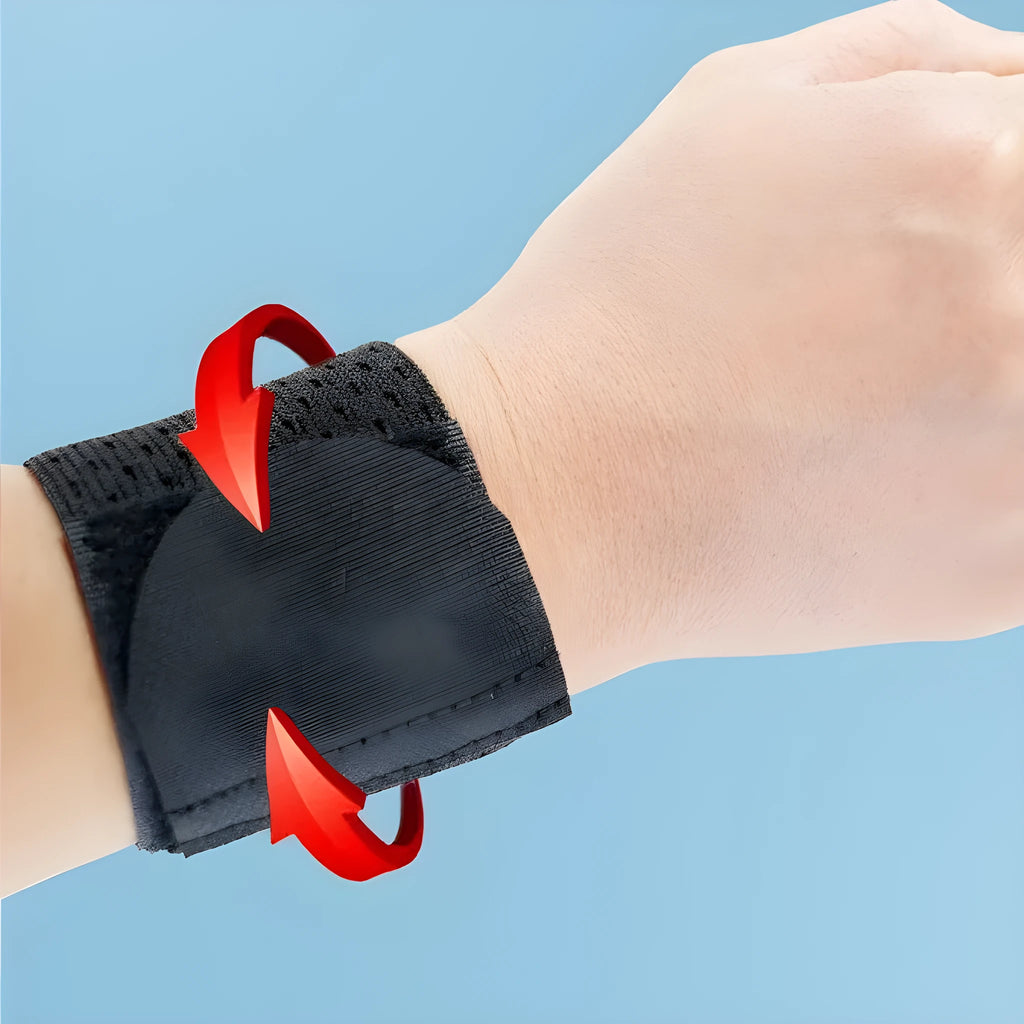 A black elastic breathable wristguard with an adjustable strap, designed for gym and weightlifting.