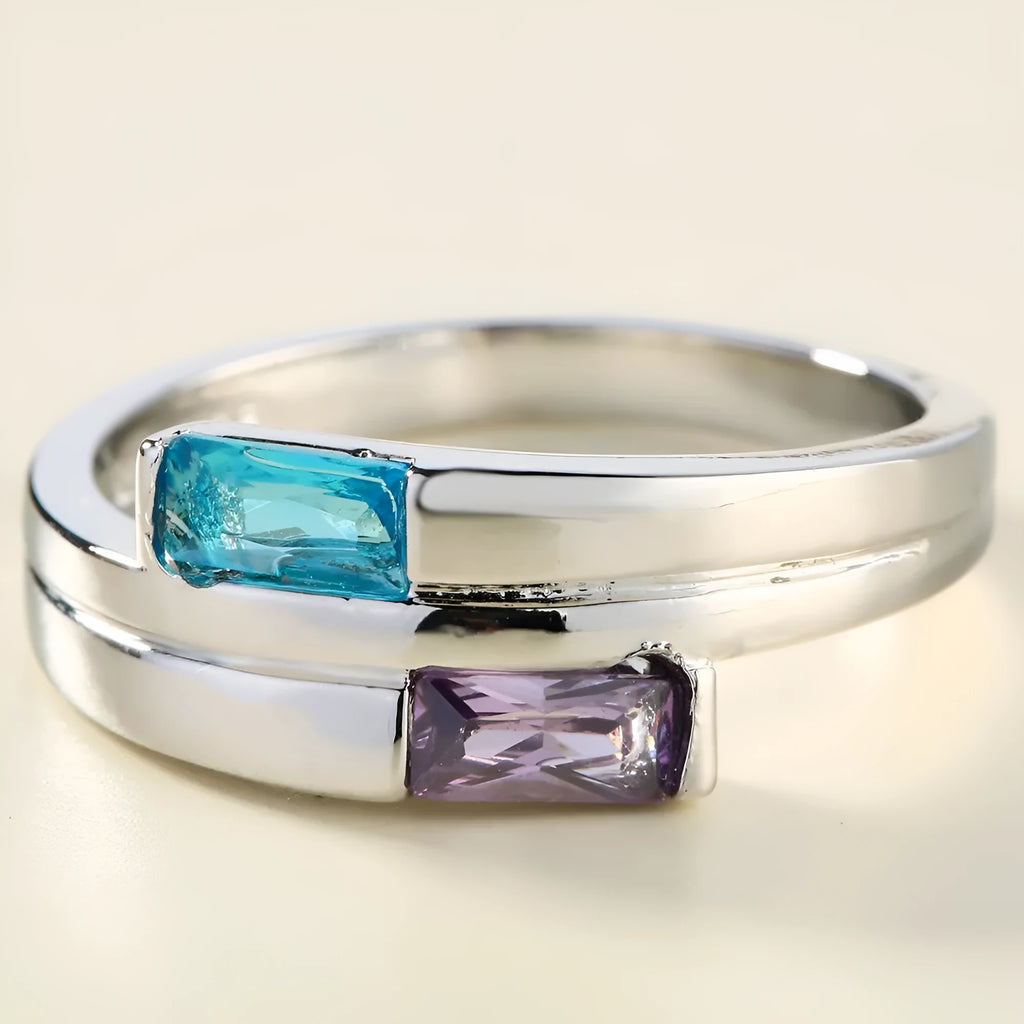 Silver-coloured copper ring with zircon stone inlay in European American ins style