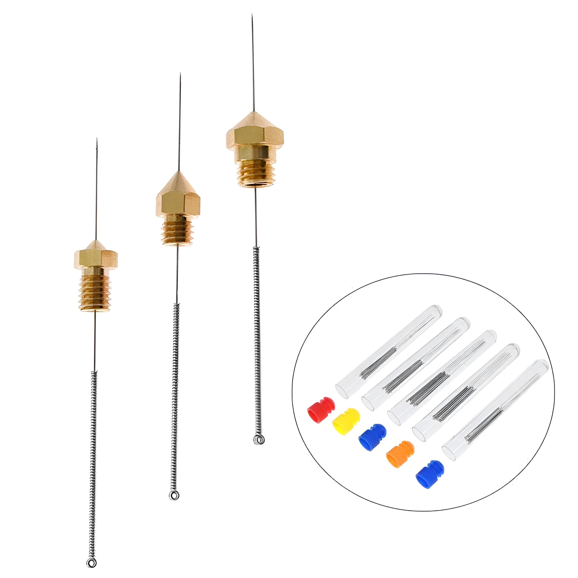 Ten metal cleaning needles for Mk8 E3D 3D printer nozzles with diameter size options shown