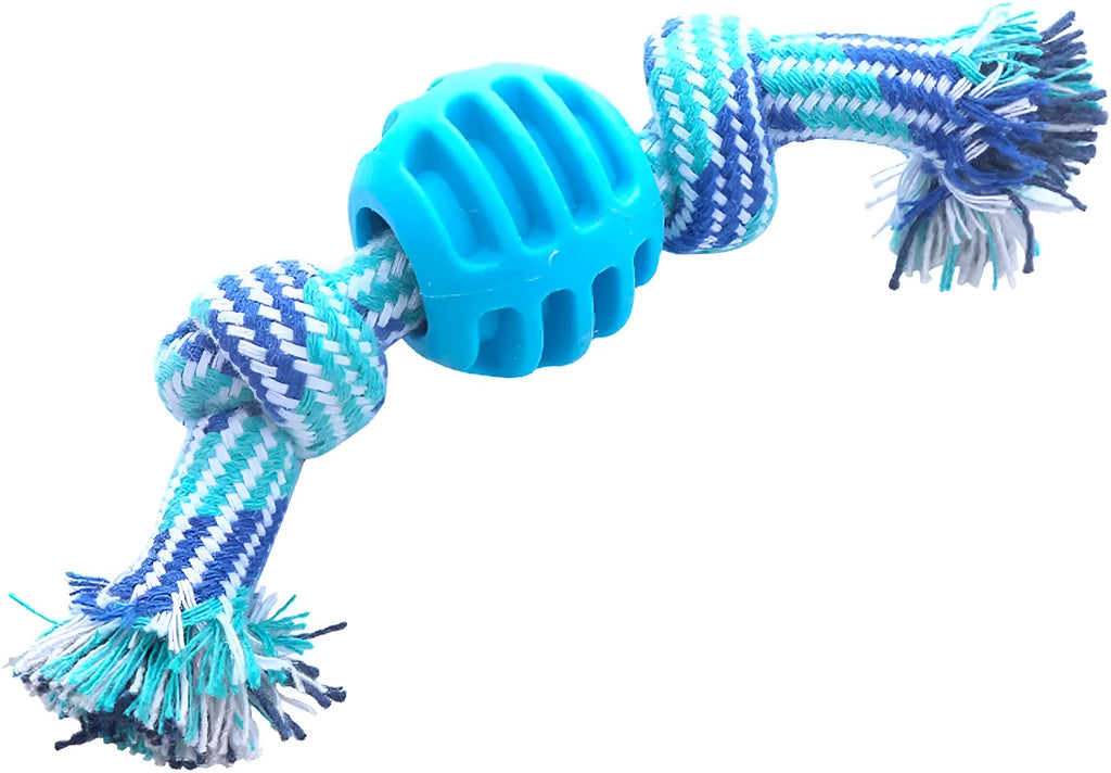 Set of four colourful soft dog chew toys with molar shapes and rope ends on a white background.