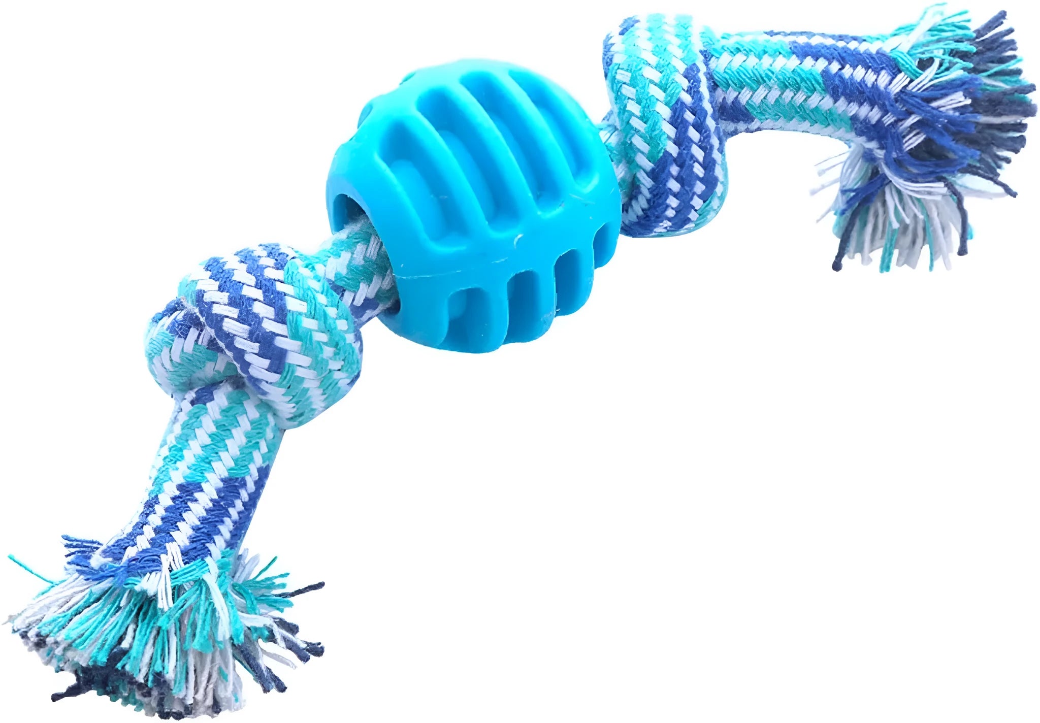 Set of four colourful soft dog chew toys with molar shapes and rope ends on a white background.