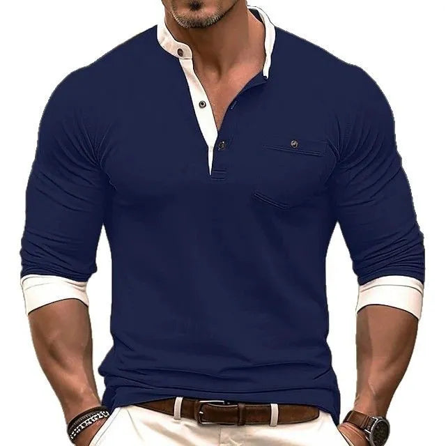 A man wearing a solid colour long sleeve cotton round neck t-shirt in casual style.