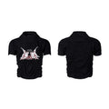 Black slim fit men's t-shirt with short sleeves and a printed design, laid flat.