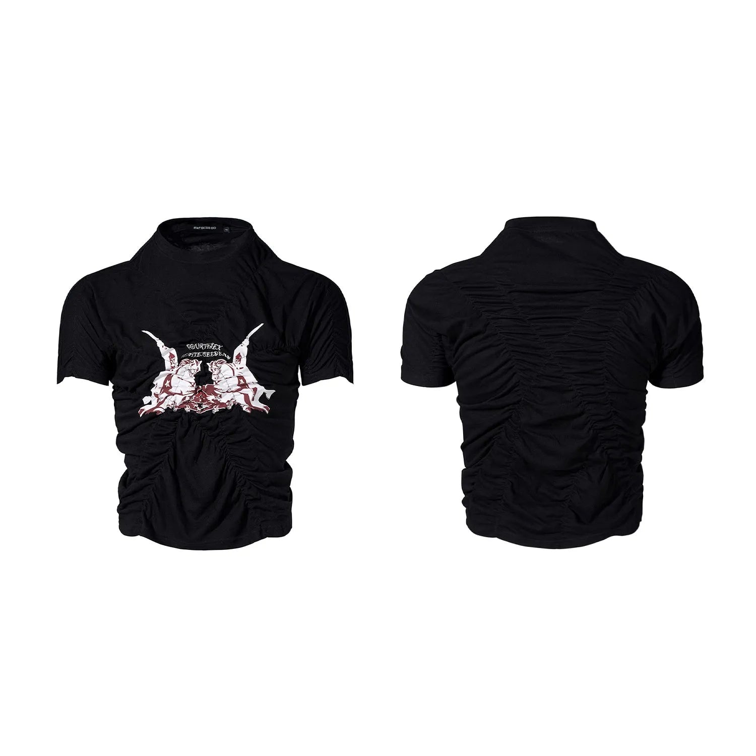 Black slim fit men's t-shirt with short sleeves and a printed design, laid flat.
