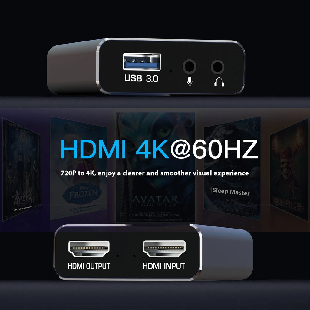 Black 4K gaming set-top box with MS2131 chip for audio recording and 1080p resolution