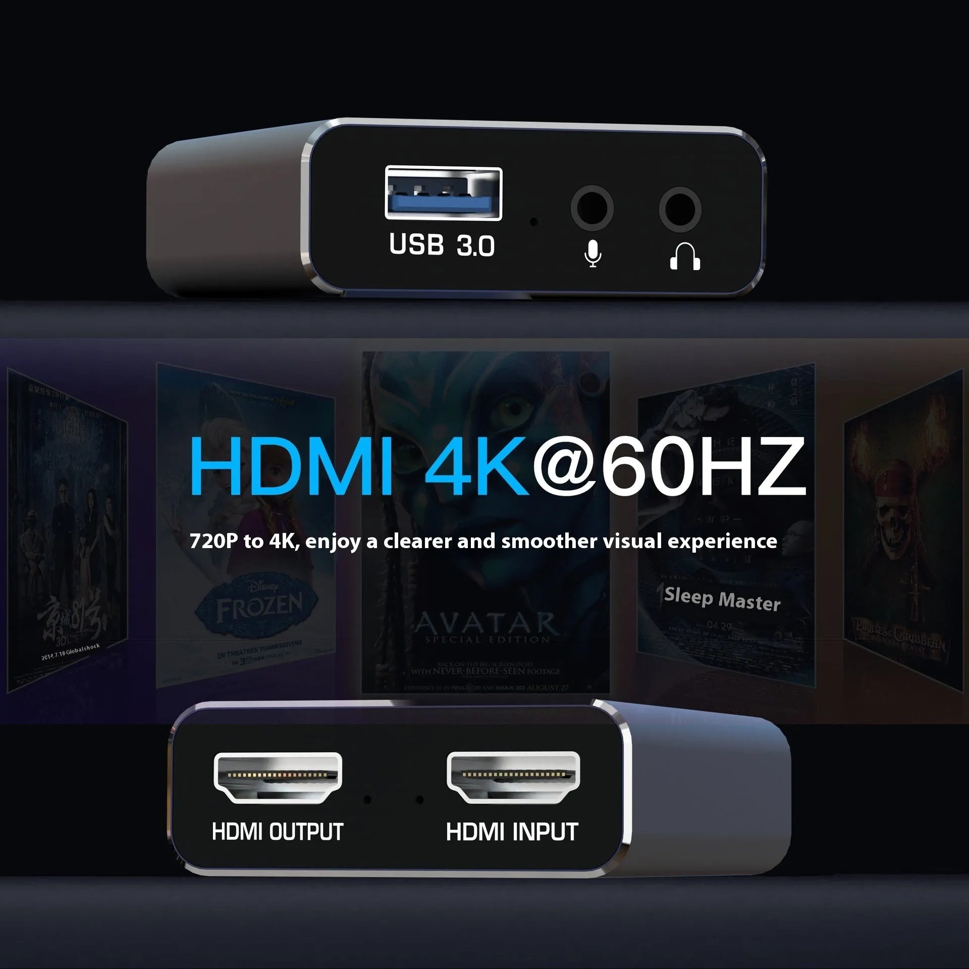 Black 4K gaming set-top box with MS2131 chip for audio recording and 1080p resolution