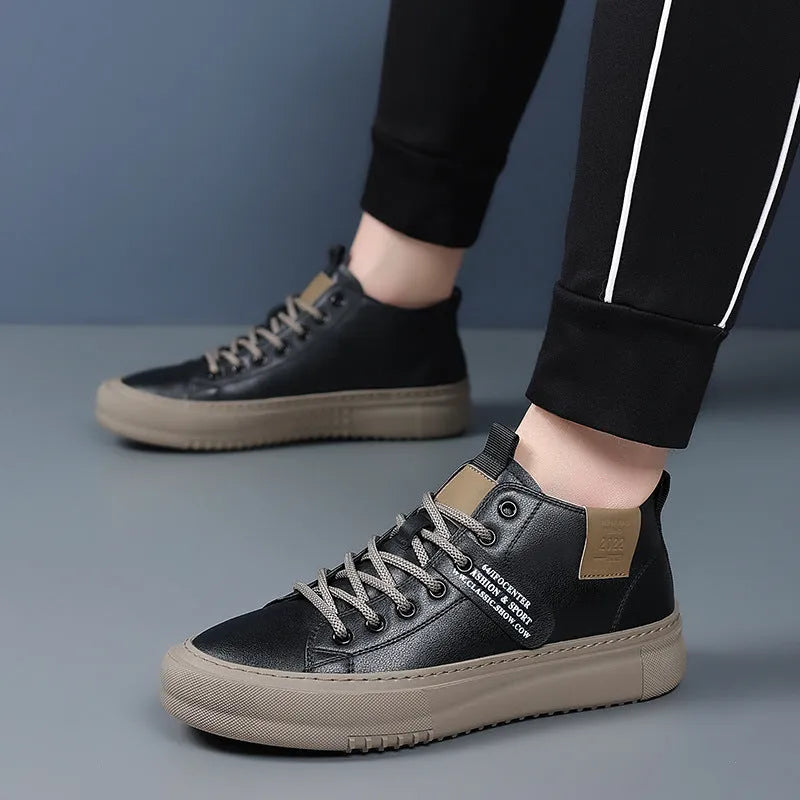 Men's sports casual leather white shoes with round toe, front lace-up, and rubber sole, mid-top design
