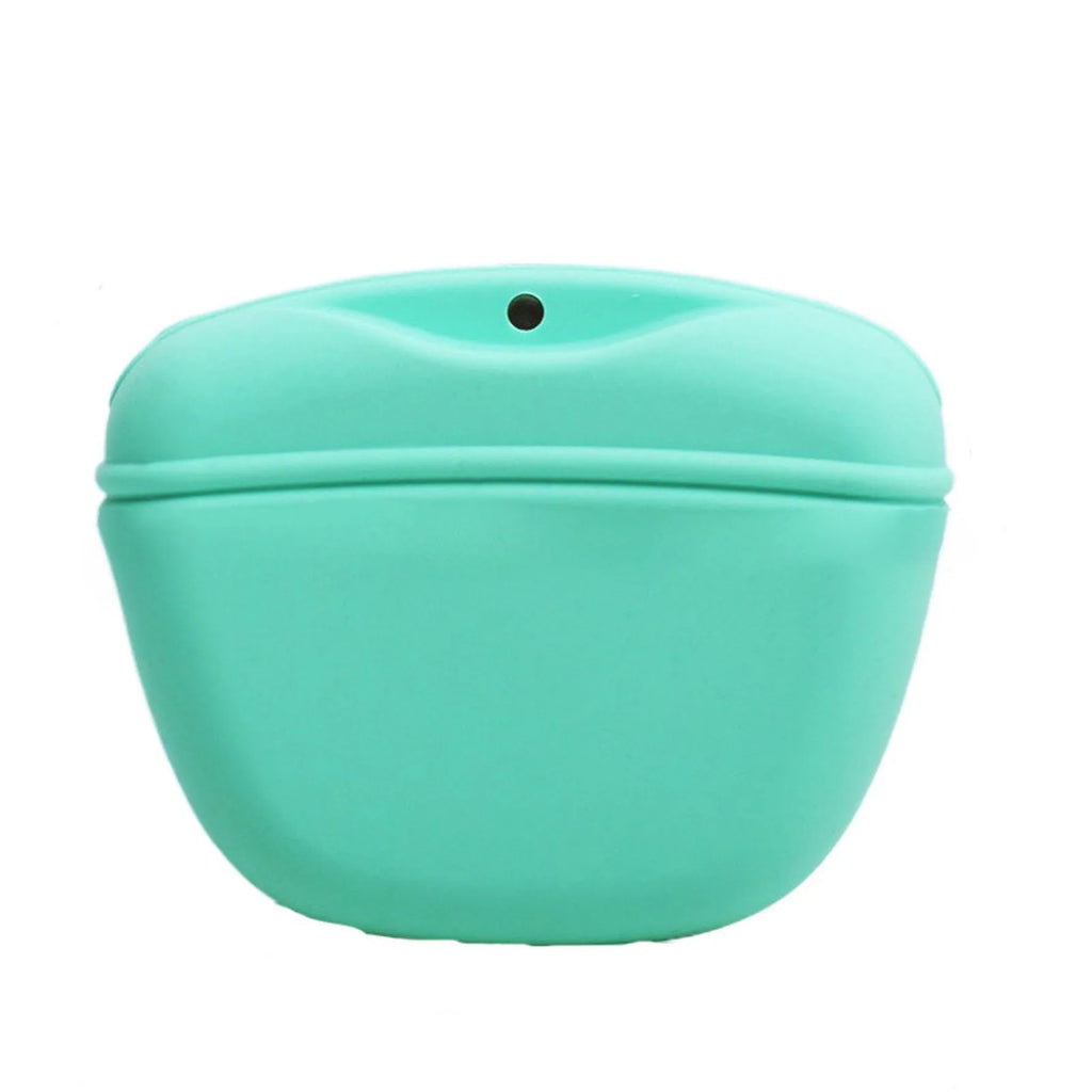 A silicone dog training treat bag with a belt clip, shown in one of six colour options.