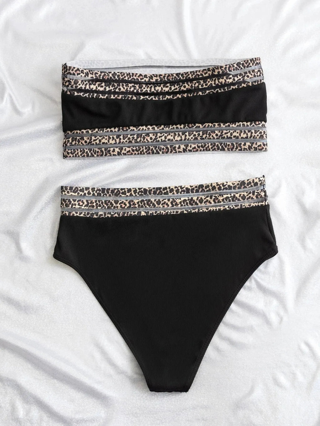 Black strapless split swimsuit with leopard print pattern showing front and back views