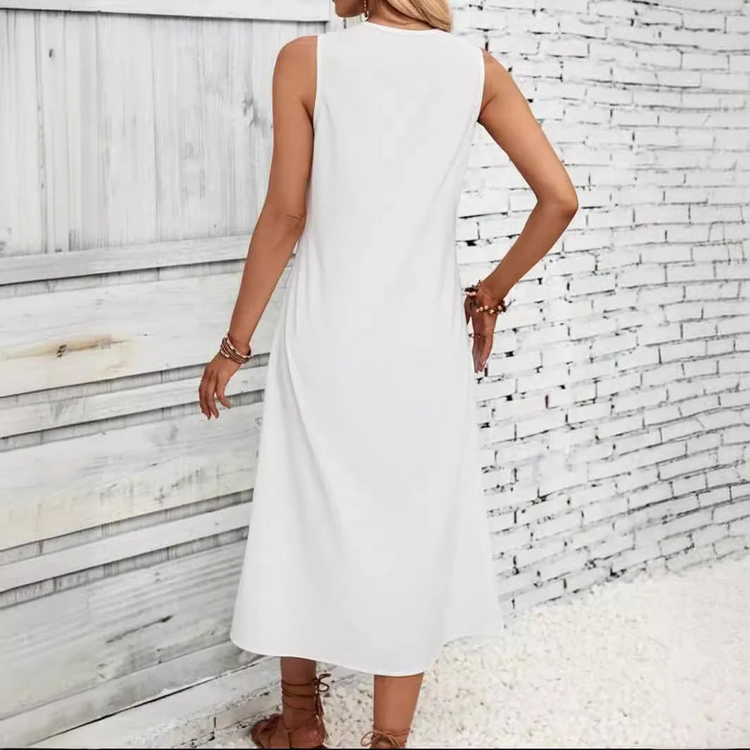 Women's sleeveless lace patchwork dress with crocheted flowers, A-line skirt, white colour